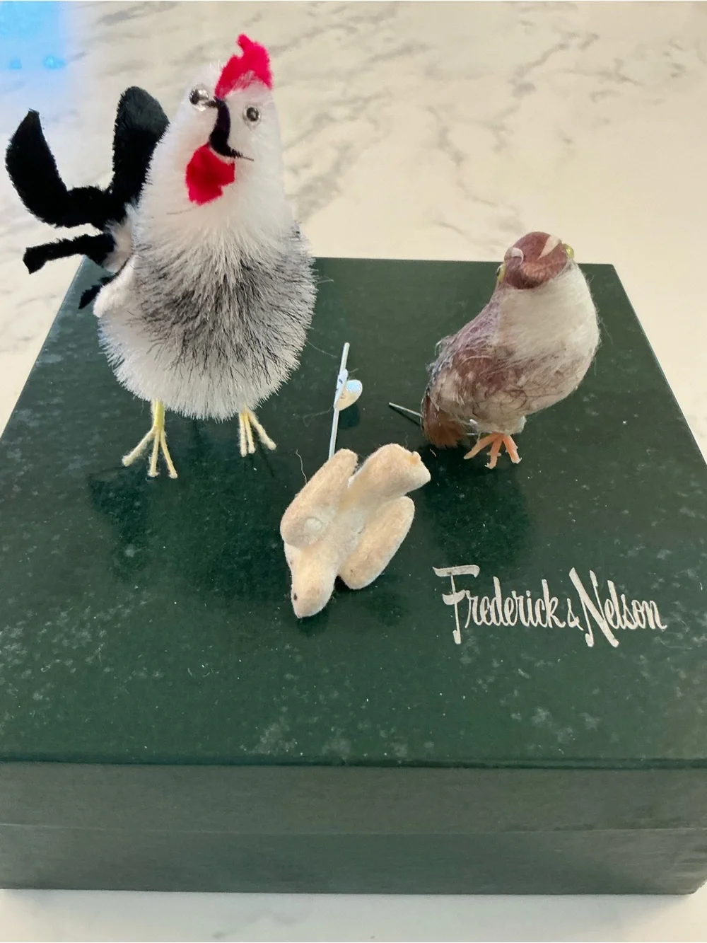 Set of Four Decorative Feather Birds - Neutral Tones with Red Accent